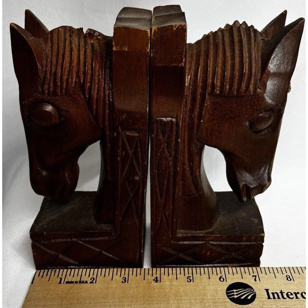 Vintage 1970 Made in Philipines  Wood Brown Carved Horse Head Bookends Book Ends